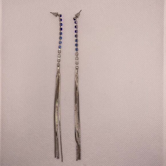 💛 Vintage Silver Tone Waterfall Crystal Tassel Earrings - Picture 2 of 8